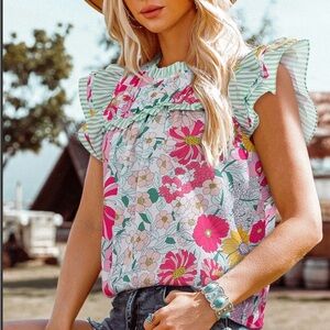 Floral Ruffle Sleeve Top - Pink & Green